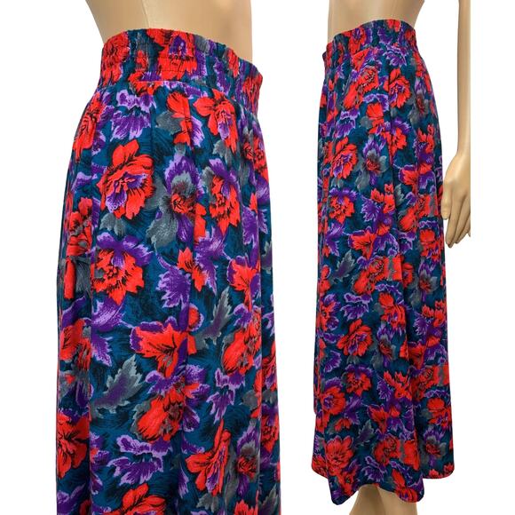Vintage 80s Purple & Red Floral Rayon Midi Skirt | Full Skirt | Small - Picture 6 of 9